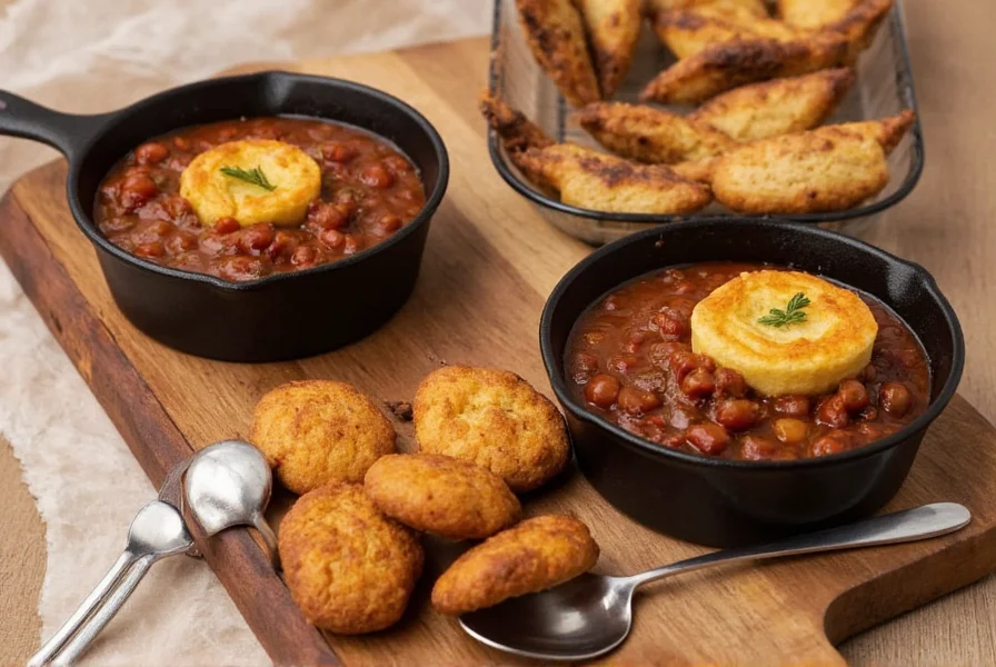 Modern presentation of mini cornbread muffins served alongside artisanal chili in small cast iron dishes