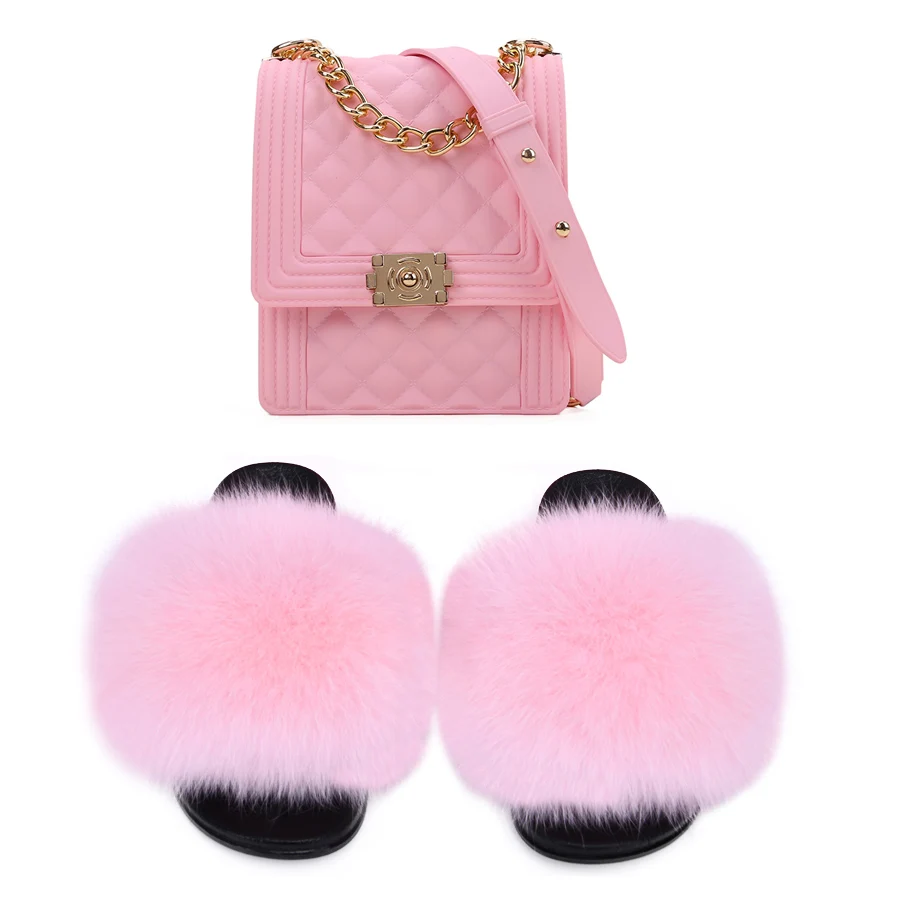 

2021 Top Selling Rhineston jelly handbag set wholesale Fur Slides And Colorful ladies jelly Purse Sets, As the picture shown