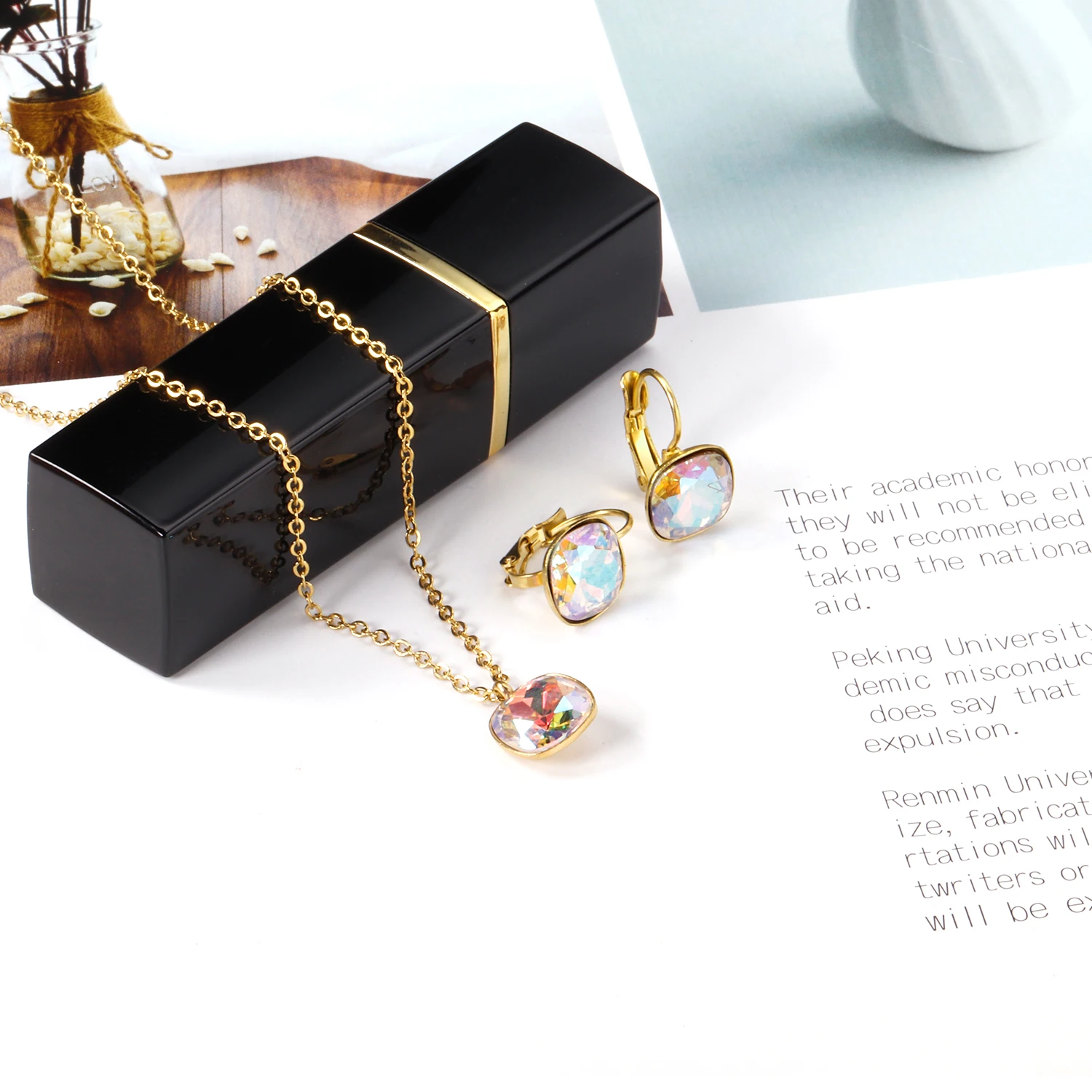 

Popular Gorgeous Colored gems Gold Plated Stainless Steel Pendant Necklace Earrings Jewelry Set For Women