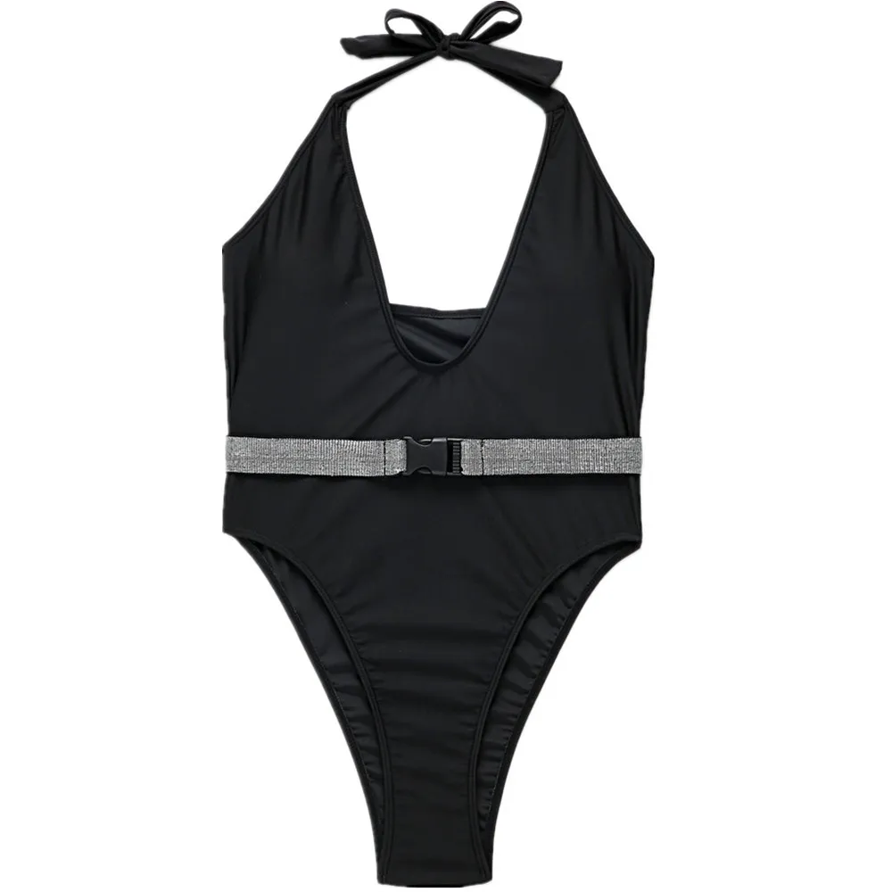 

2021 Thong Black One Piece Swimsuit Women Trajes De Bano Open Crotch Buckle Lace Up Trajes De Banos Moda Sport Swimsuit