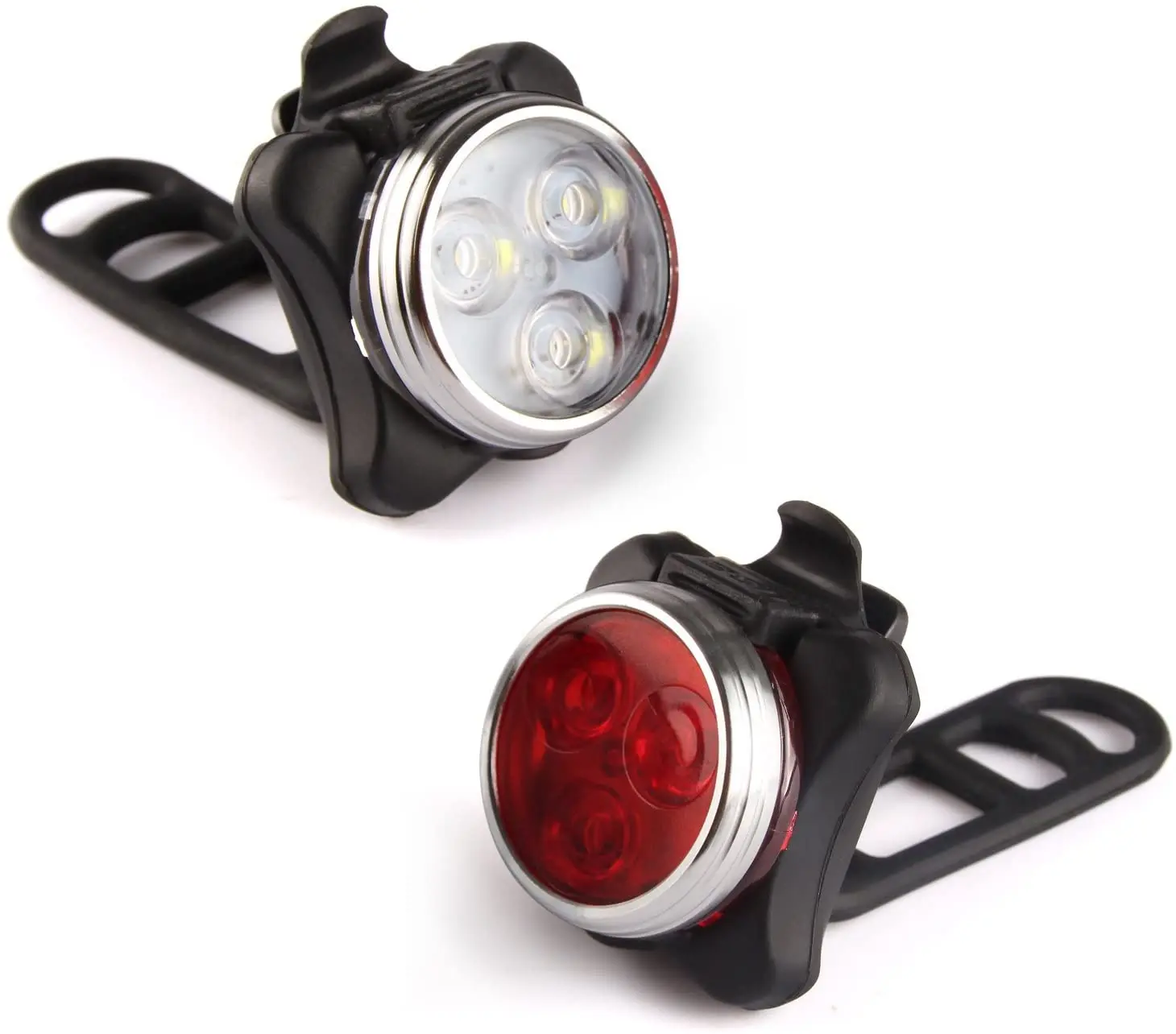 

USB Rechargeable Bike Light Set,Super Bright 650mah Lithium Battery Front Headlight and Rear LED Bicycle Light, Red with silver edge, white with silver edge