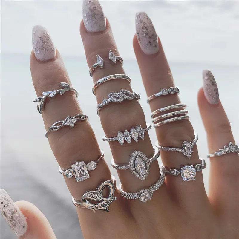 

15PCS/Set Crystal Heart Ring Set For Women Elegant RH Plated Finger Rings Fashion Statement Female Jewelry