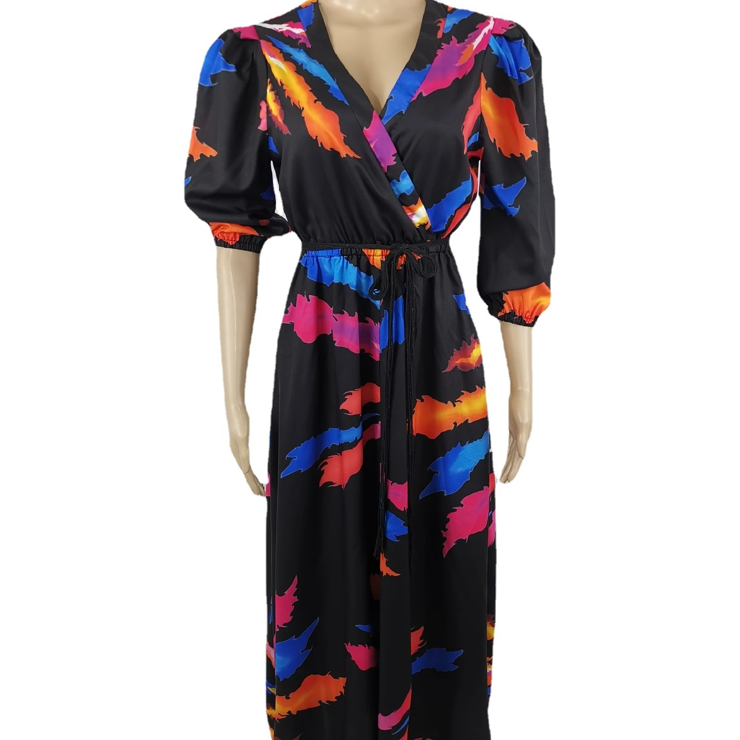 

Digital printing sexy dress long section V-neck waist split long skirt Europe and America