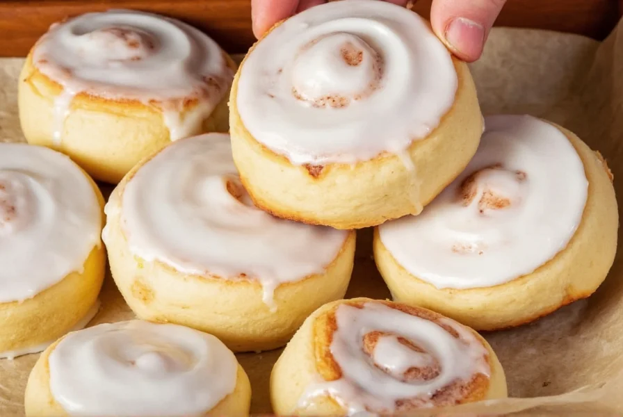 Homemade cinnamon rolls with heavy cream icing on wooden board