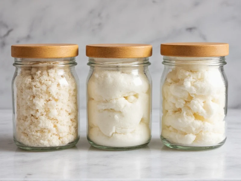 Three jars of different homemade fluff textures side by side