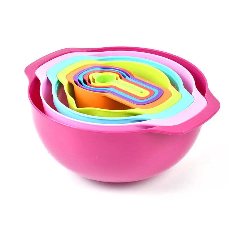 

BBA410 10pcs/set Kitchen Supplies PP Rainbow Diy Baking Measuring Cup Spoon Set Rice Sieve Salad Plate Washing Vegetables Basket, Colorful