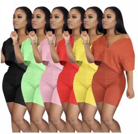 

10 colors cheap solid color women clothing two piece shorts summer set, Black, red, yellow, pink, orange, green