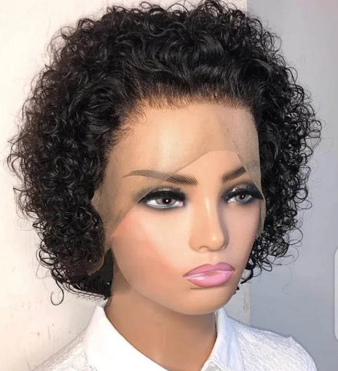 

Short Curly Pixie Cut Human Hair Wigs For Black Women Light Weight Natural Black Human Hair Lace Front Wigs