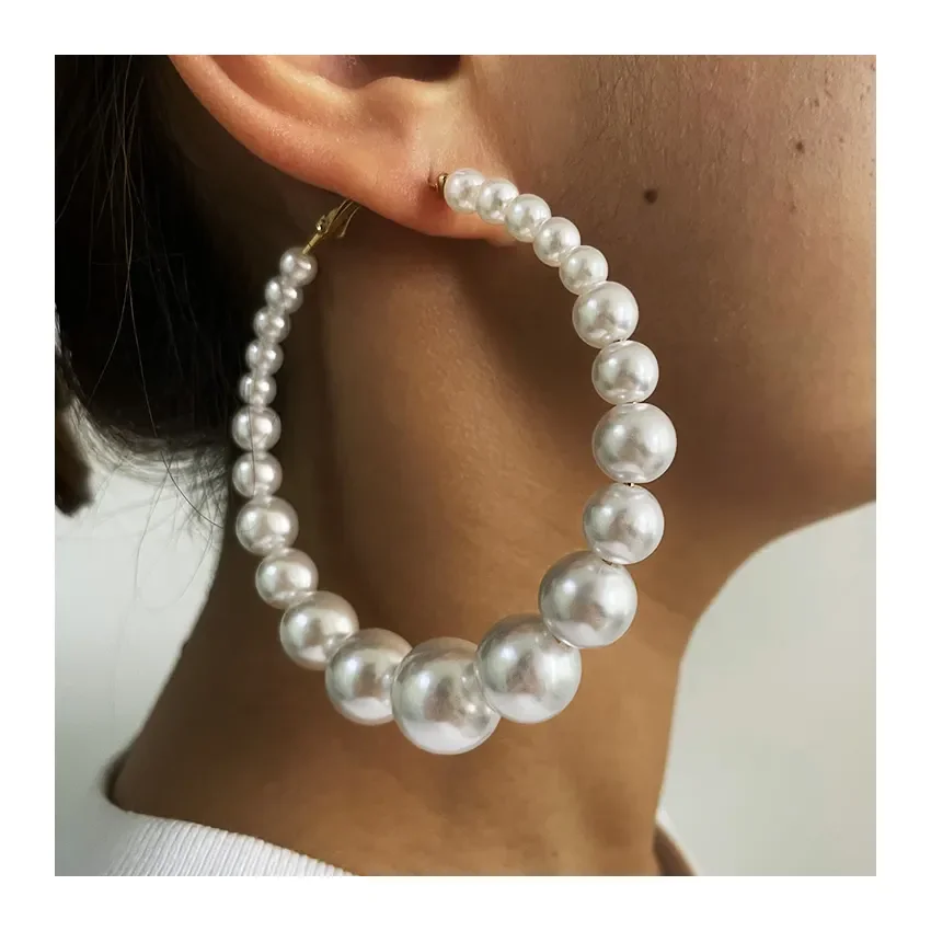 

Gold plated irregular full pearl big white hoop earrings for women