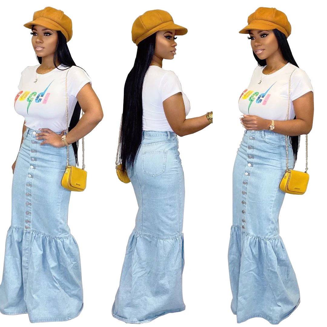 

SMR9508 women trending solid ruffles button bandage denim long skirt, Blue