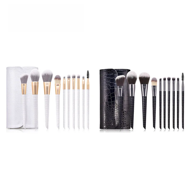 

Set of 10pcs Make up Brushes Crocodile Scales Texture handle & Bag White Black With Bag Makeup Tools, Black/white