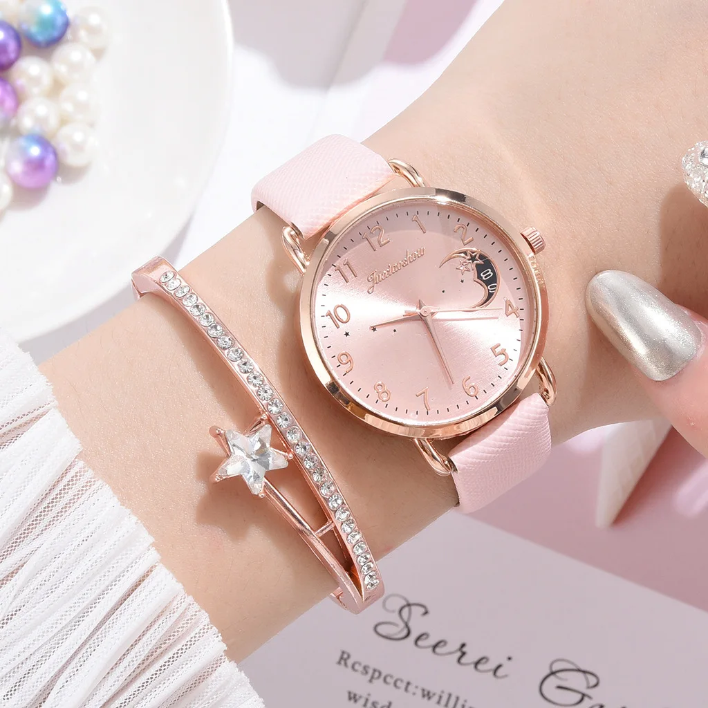 

Business Women Rose Gold Bangles Watch Watch Gift Set Leather Strap Zircon Diamond Star Cuff Bracelet Wrist Watch, Picture shows