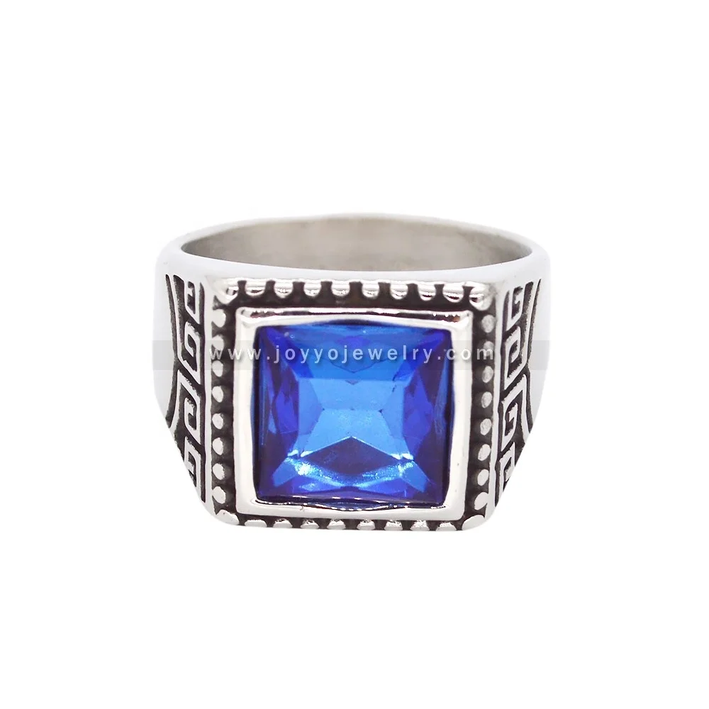 

Sterling Silver Plating Blue Crystal Men Ring Stainless Steel Sapphire Stone Men Ring Antique Sliver Plated