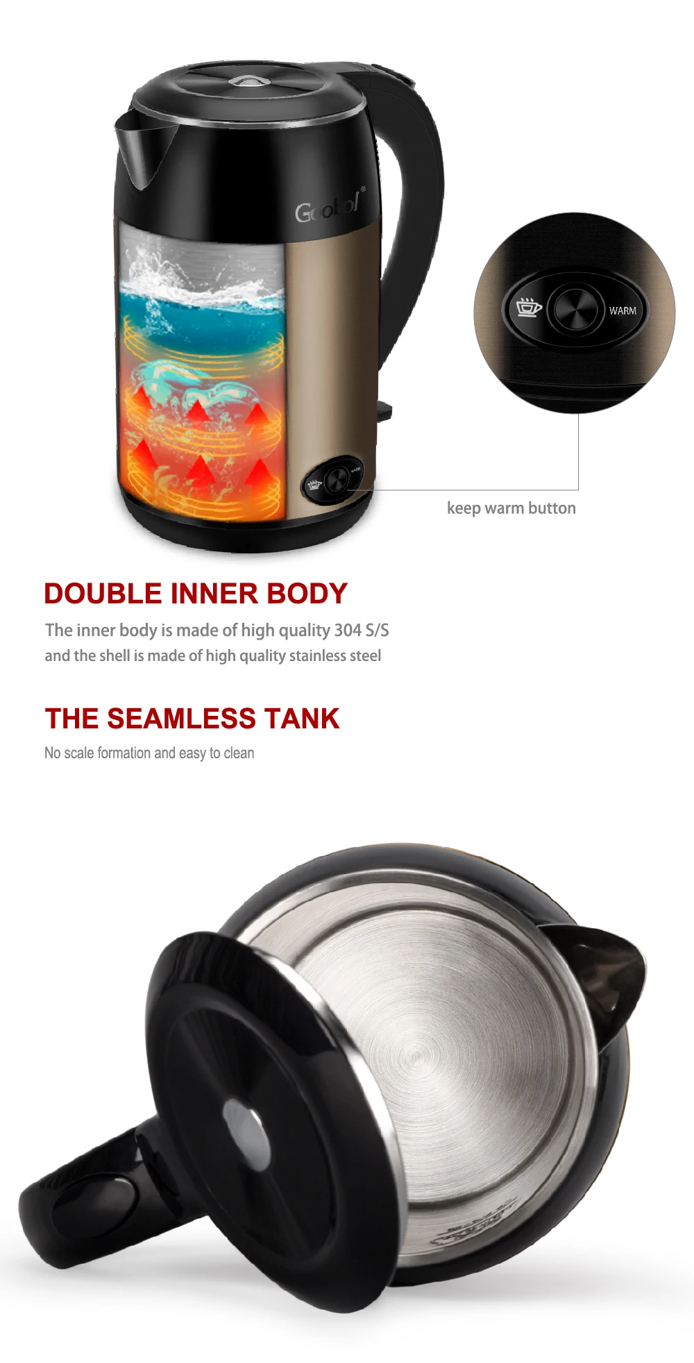 304 Stainless Steel 1.8l Electric Kettle Double Wall With Keep Warm