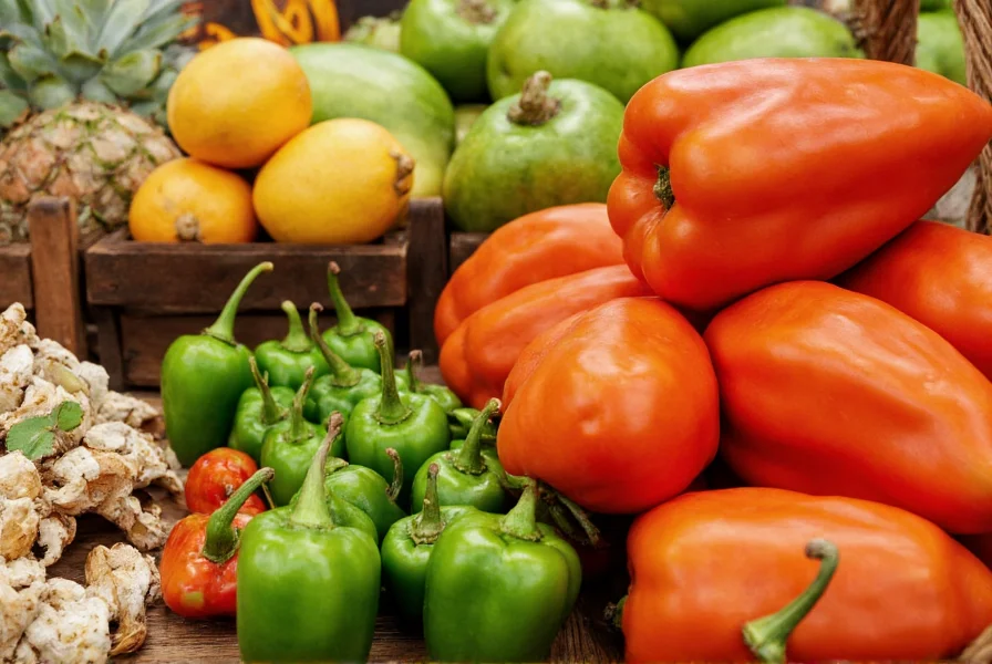 Caribbean grocery store display showing fresh scotch bonnet peppers next to other tropical produce