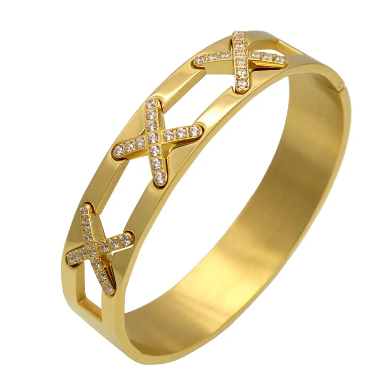 

Latest design Luxurious Jewelry X Bracelets rhinestone stainless steel Cuff Bangle For Women Gold Color Fashion Wrist Jewelry