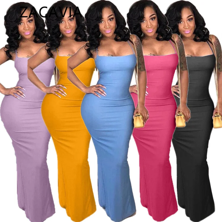 

ZACAVIA Solid Color Backless Split Sleeveless Maxi Dress Women Dress, Picture showed