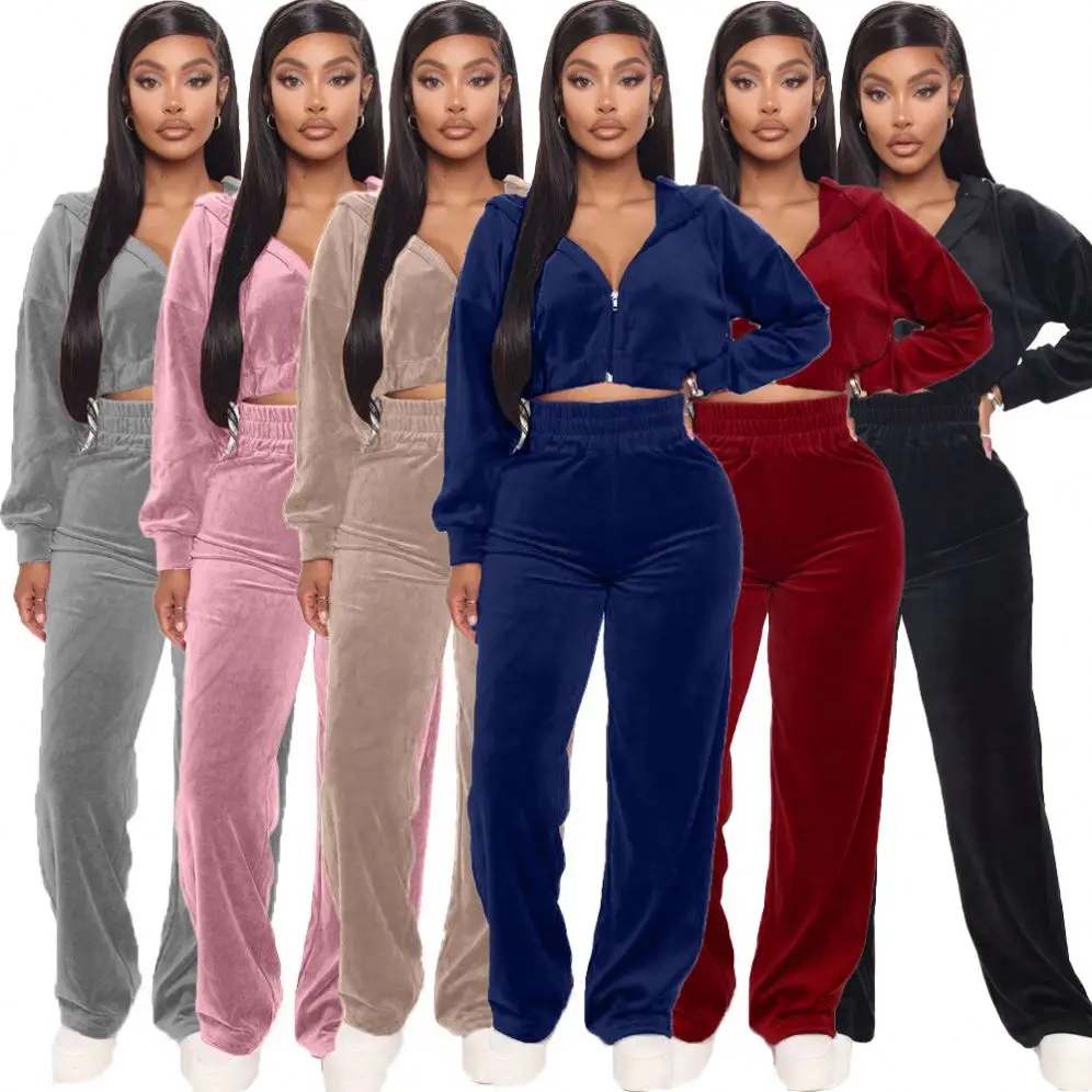 

Wholesale new trendy women's hoodies velvet zipper straight pants sets two piece plus size winter clothing, Photo shows