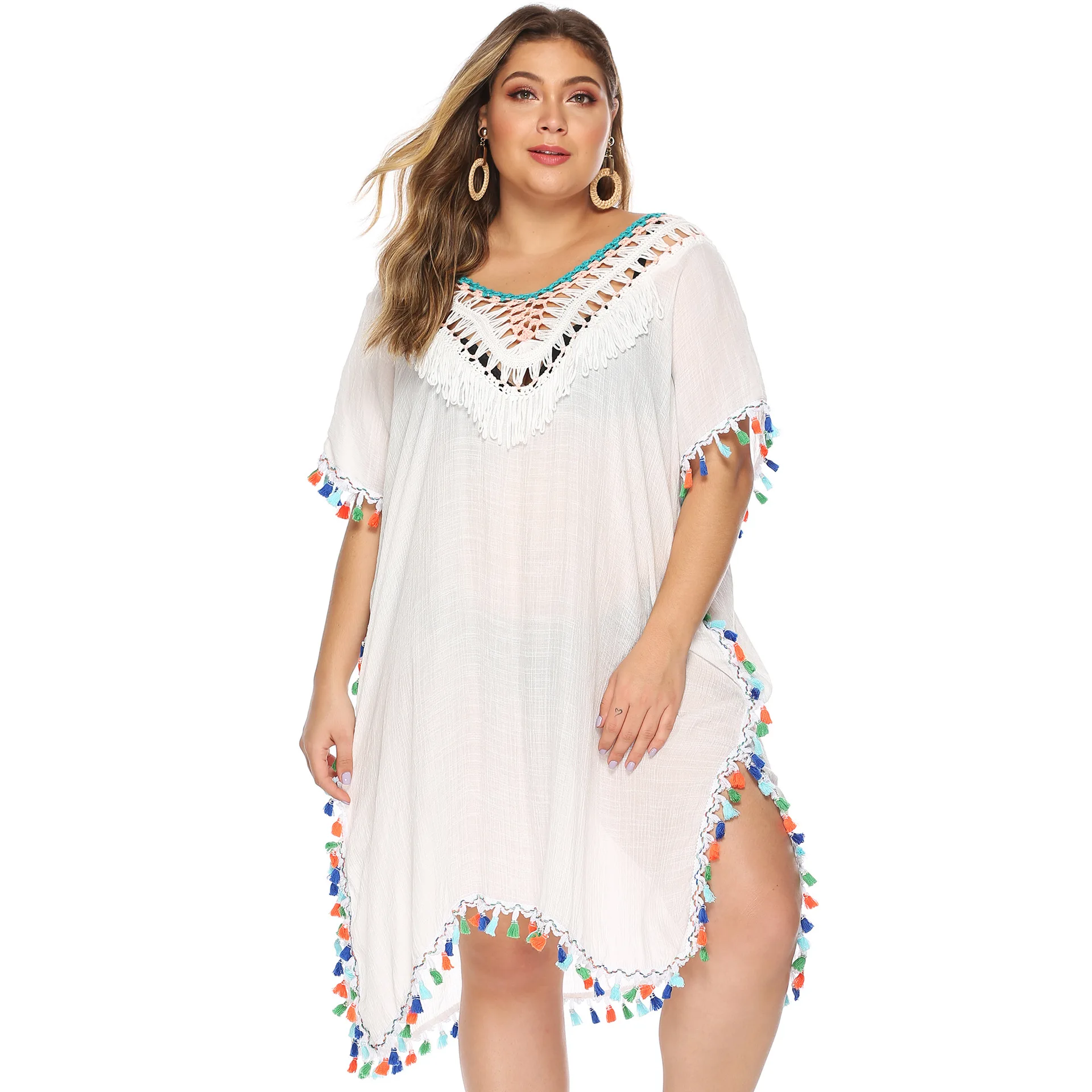 

Large Size Women's Irregular Bikini Cover Up Stitching Tassel Deep V Sexy Loose Large Size Beach Wear trajes de bao mujer