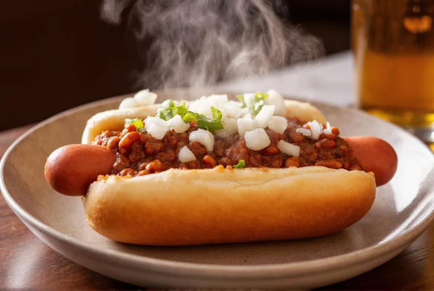 Steaming hot dog covered in rich chili with diced onions on top, served in a soft bun