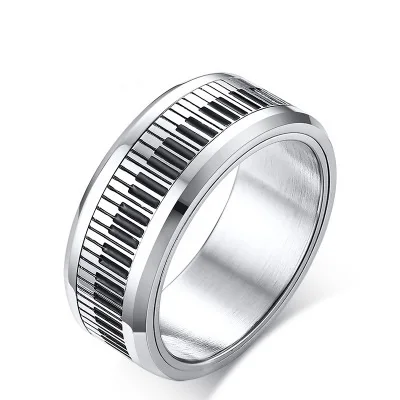 

8mm Width stainless steel black and white piano rings can be rotated ring Black literary temperament men's ring