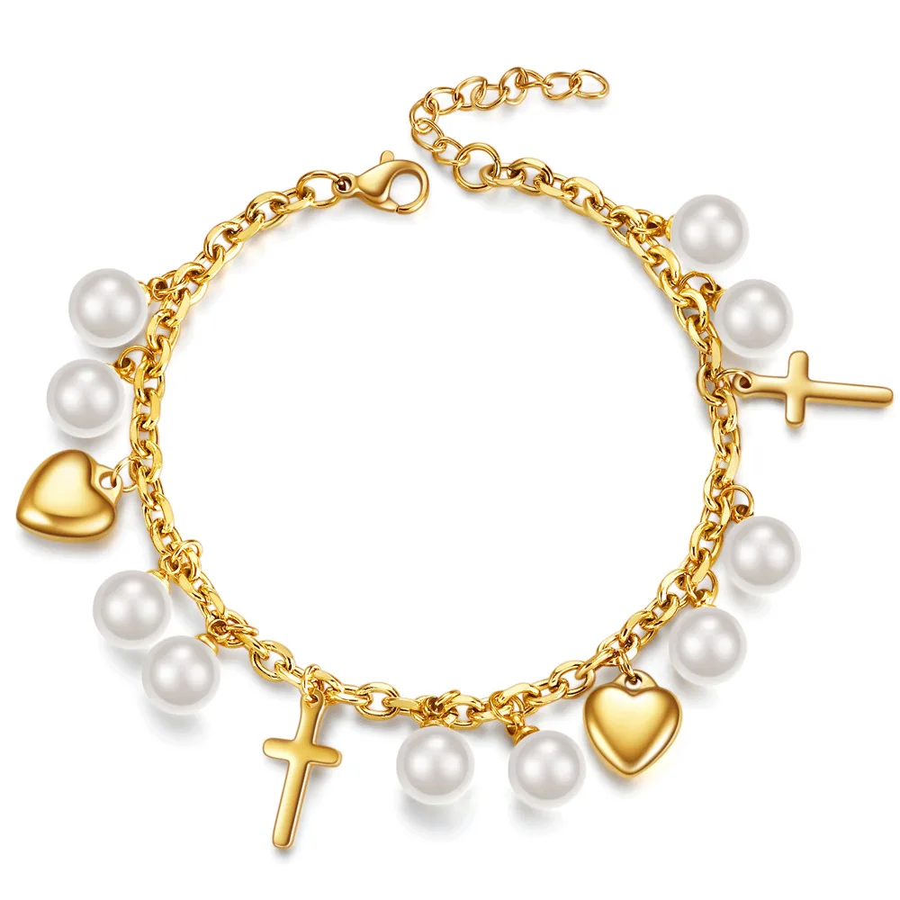 

18K Gold Plated Imitation Pearl Heart Love Cross Pendant Fashion Jewelry Bangle Adjustable Stainless Steel Women Bracelets