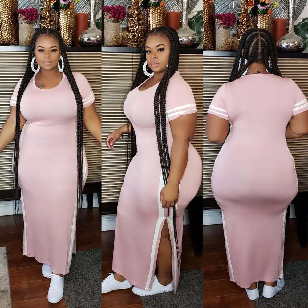 

Multicolors Women Short Sleeved Solid Color White Edge 5xl Plus Size Maxi Women Dresses With A Slit, Pink, yellow, red, purple, gray, green, light blue, black, rose, blue,