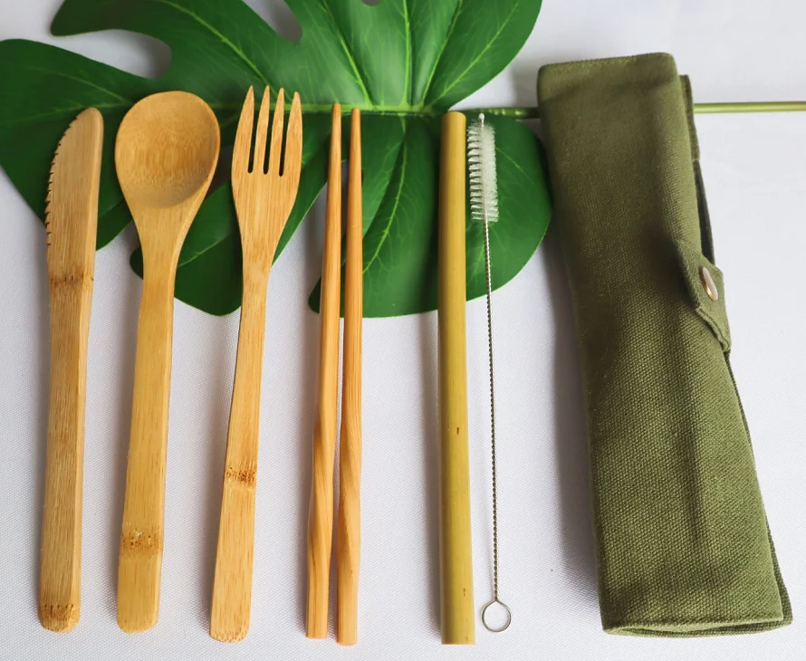 7 Pieces/set Bamboo Cutlery Travel Pouch With Pouch Reusable Utensils