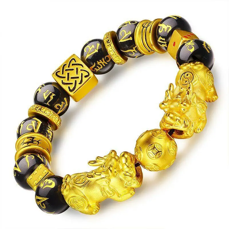 

New style yellow female hand diy pearl gold-plated pixiu bracelet, Golden/black