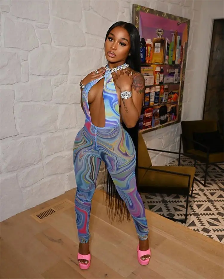 

Newest Design Sexy Halter Backless Summer Multicolored Lines Printed Mesh Suspender Women Jumpsuit Romper