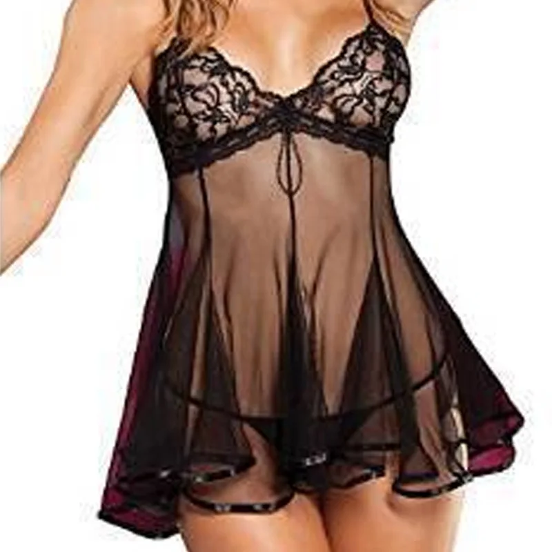 

transparent sling sexy hollow ladies thong Lace Slit Strap Sexy Lingerie See Through Mini Dress