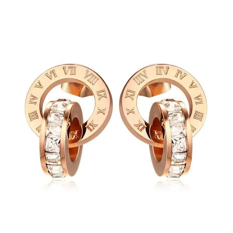 

Minimalism Engraved Roman Numerals Lady Rose Gold 316L Stainless Steel Shiny Rhinestones Hoop Stud Earrings