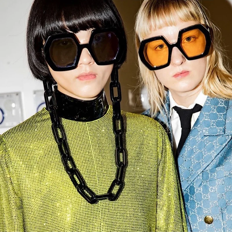 

Hot Selling Vintage Square Shades Unique Polygon Frame Sunglasses With Chain 2021