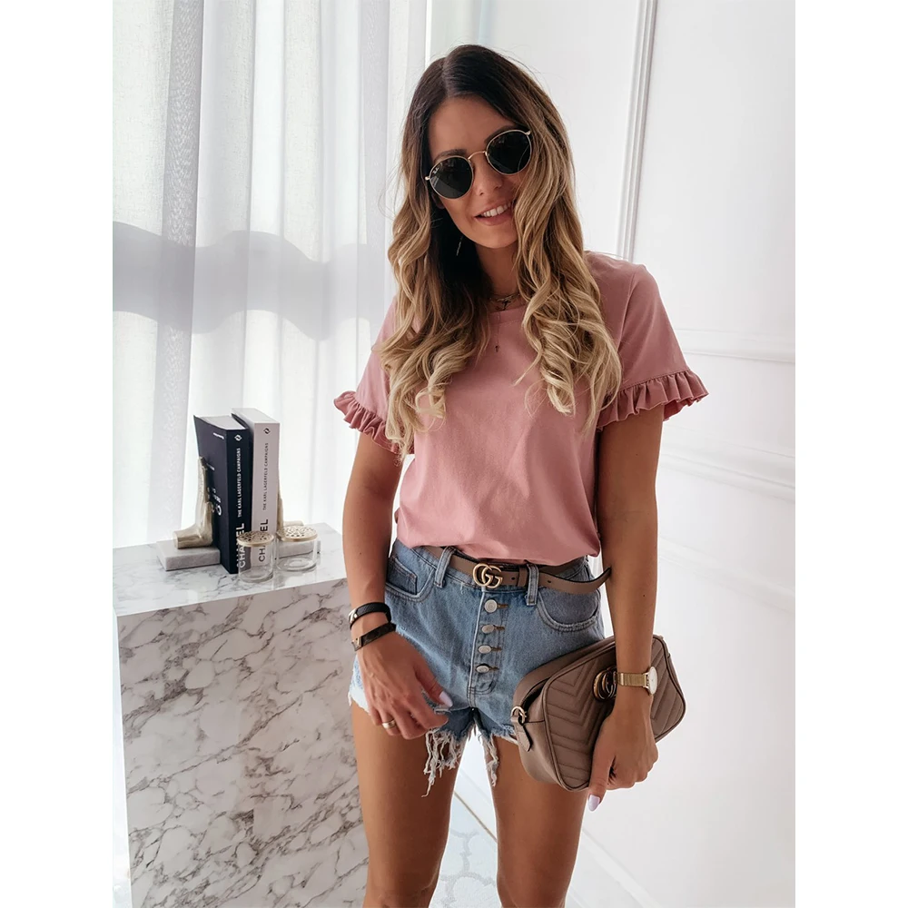 

Woman Tops Ladies Shirt Ladies Casual T Shirts Fashion Short Sleeves O Neck Plain Ruffle Cotton Woven XXL XL Printed Quick Dry