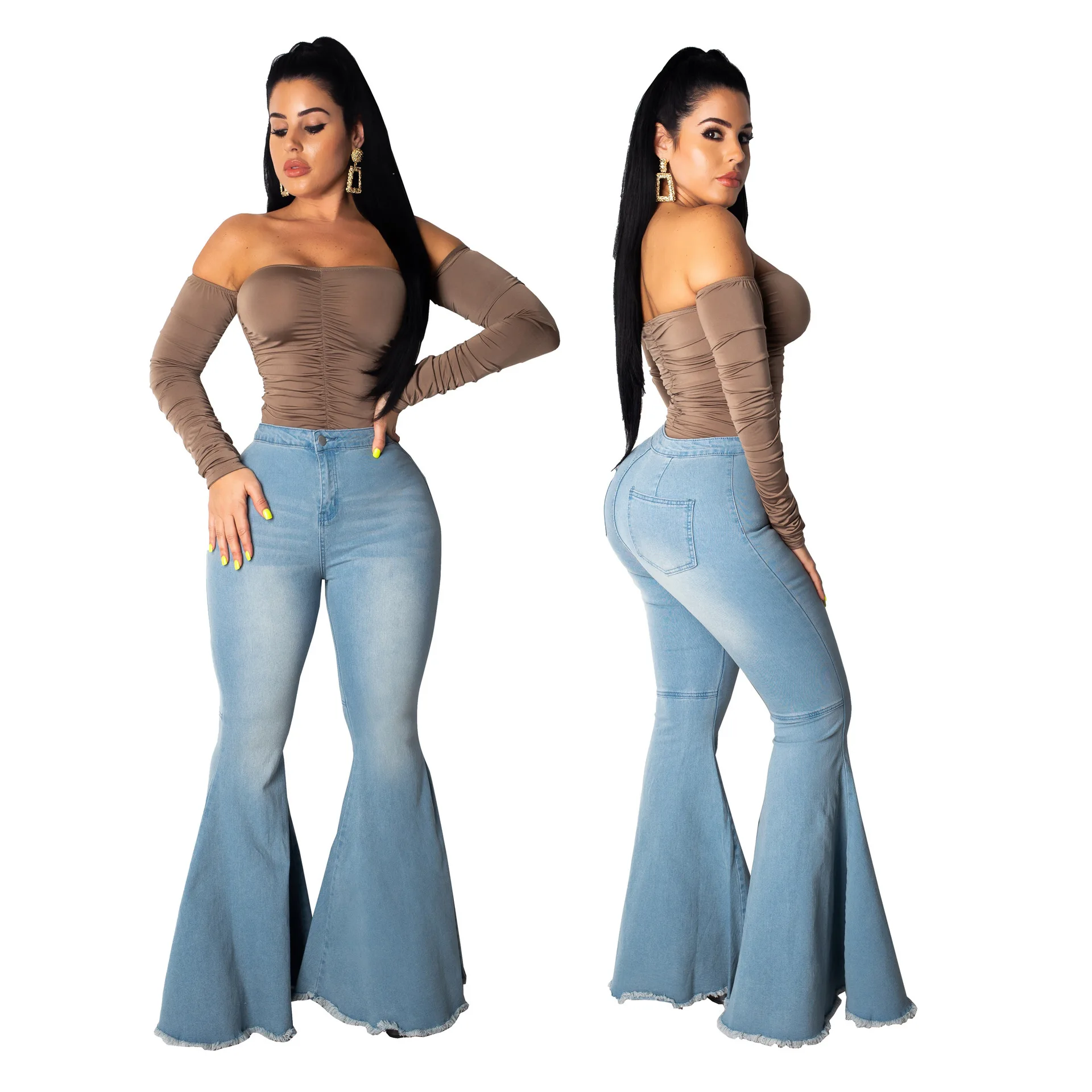 

Women's Vintage High Waist Trumpet Full Length Jeans Female Streetwear Elastic Slim Denim Flare Boot Cut Pants Jeans, Blue