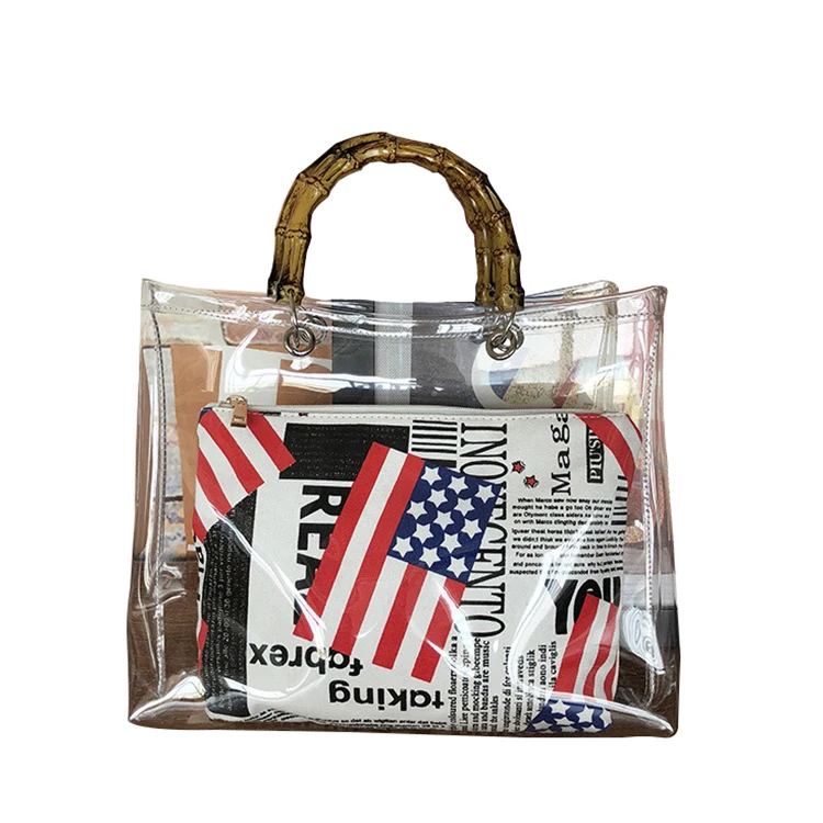 

TMB030 New 2022 Fashion Bamboo Handle Pvc Transparent Tote Bags 2 Piece Set Luxury Brand Woman Hand Bag