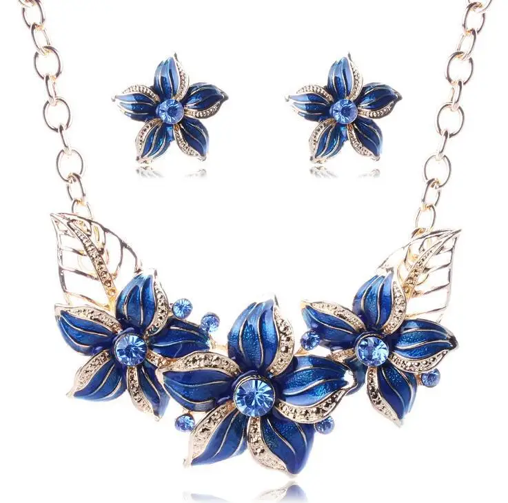 

Wholesale Factory Price Fashion Vintage Flower Jewelry Set Luxury Retro Crystal Rhinestone Blue Flower Statement Necklace, Picture