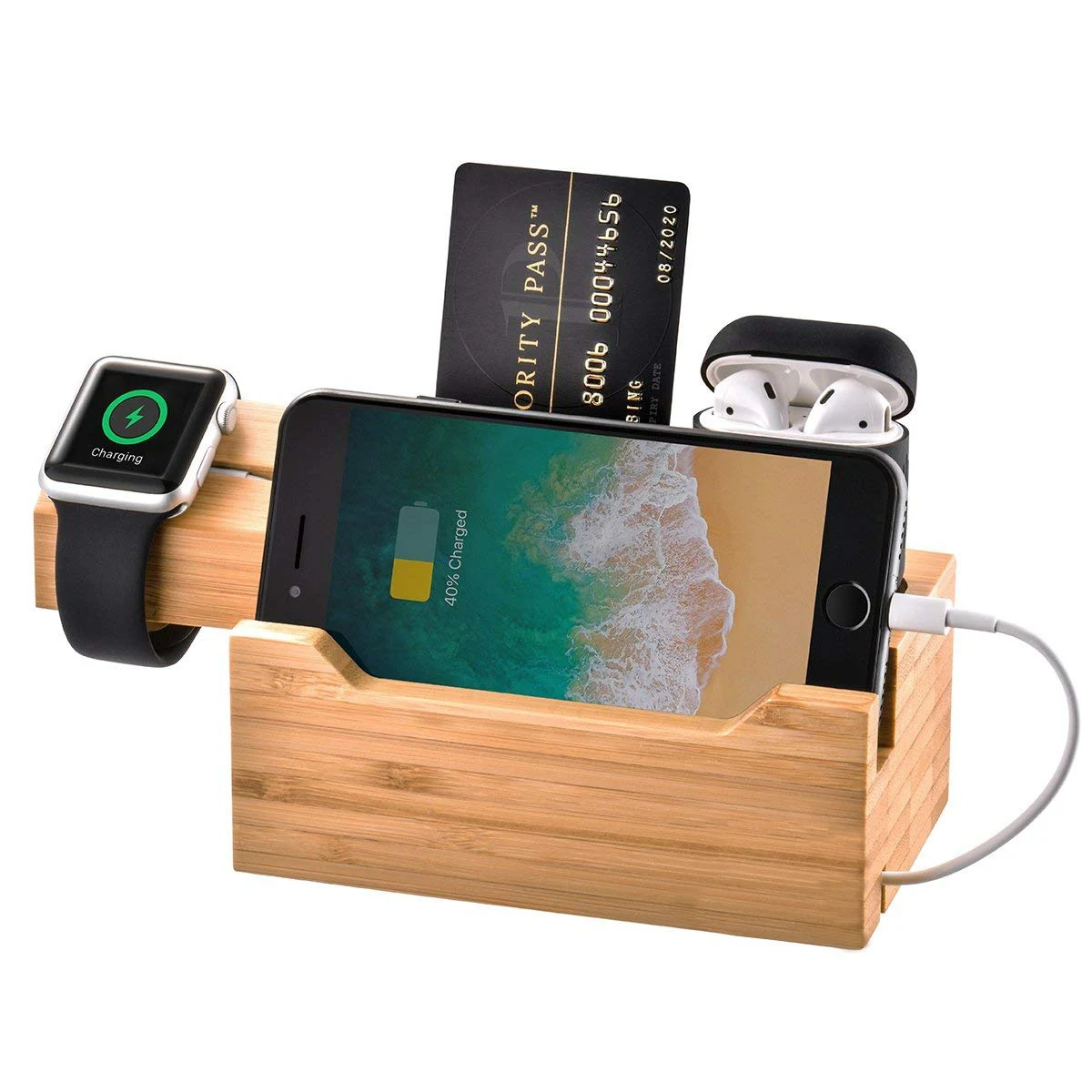 

2021 hot selling Charging Station Apple Watch Stand for iPhone Dock Cable Wood Charging Station, Wood color