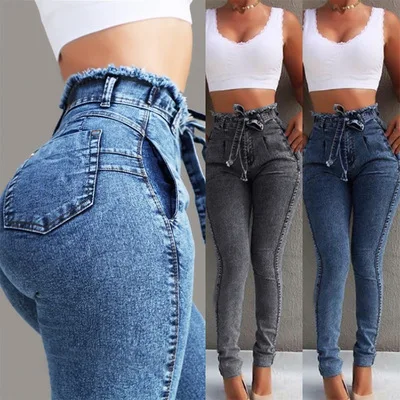 

women jeans slim stretch denim fringed waistband high-waisted jeans ropa de mujer, Gray;blue;light blue