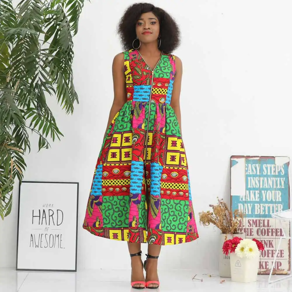 

2021 Hot Sale Wholesale Vintage Dashiki African Floral Printed Sleeveless V Neck Maxi High Waist Dress, Customized color