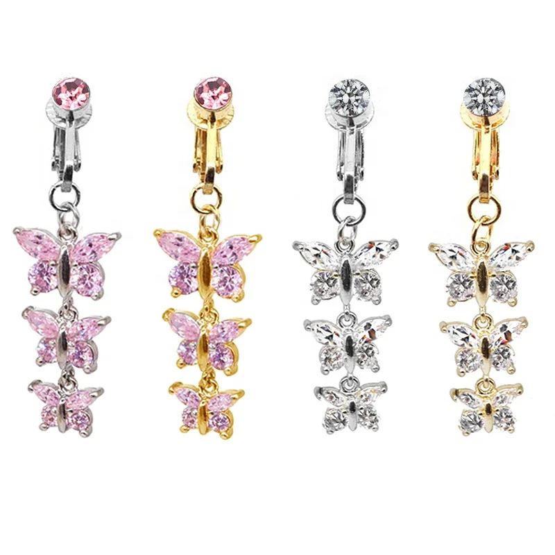 

Gaby new design fake belly piercing butterfly design CZ clip on belly ring non piercing jewelry, Colorful