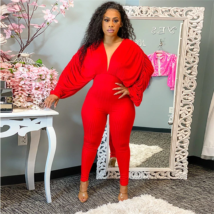 

D95601 Winter jumpsuits women 2020 sexy bat sleeved slim waist plus size bodysuit