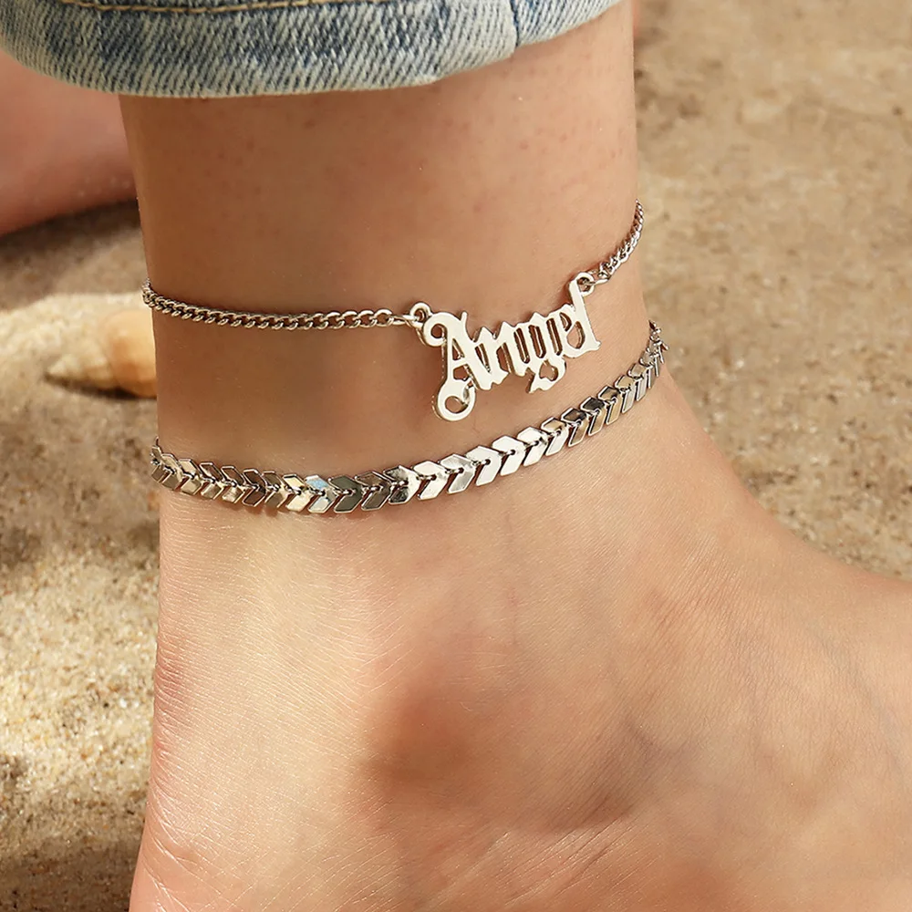 

Popular Two Pieces Set Alphabet Leaf Ankle Bracelets INS Fashion Beach Jewelry Silver Plated Letters Angel Anklet Set For Women