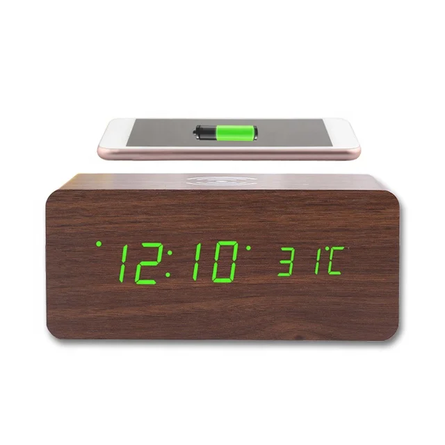 

Thermometer Digital LED Mobile Phone Station Alarm Clock Wood Qi Fast Wireless Charger, Multiple colour