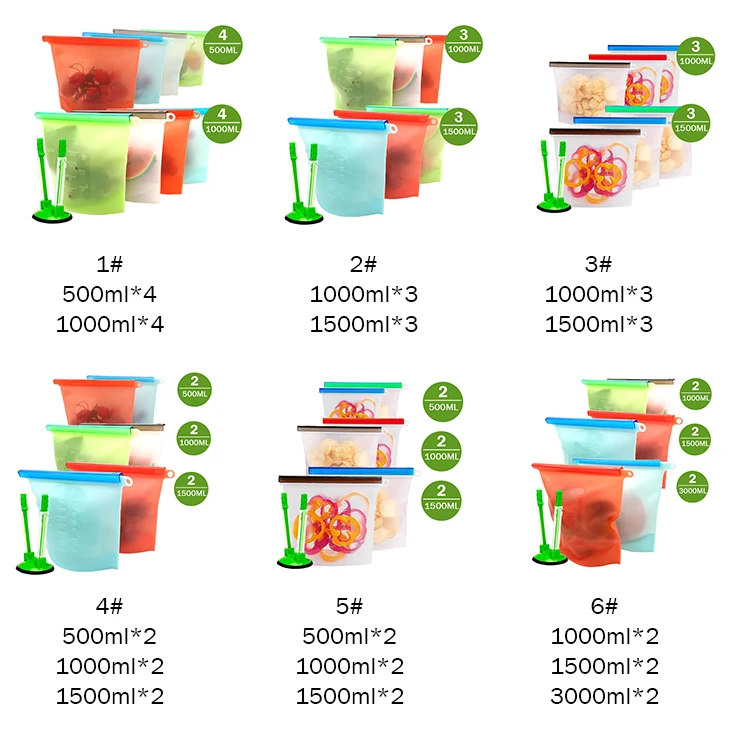 

Customized Reusable Leakproof Reusable Food Silicone Storage Bag Set Washable Silicone Fresh Bag for Preserving