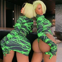 

A91240 Sexy casual bodycon club mini dress fashion lady green color long sleeve with gloves lighting printing fall clothes 2019