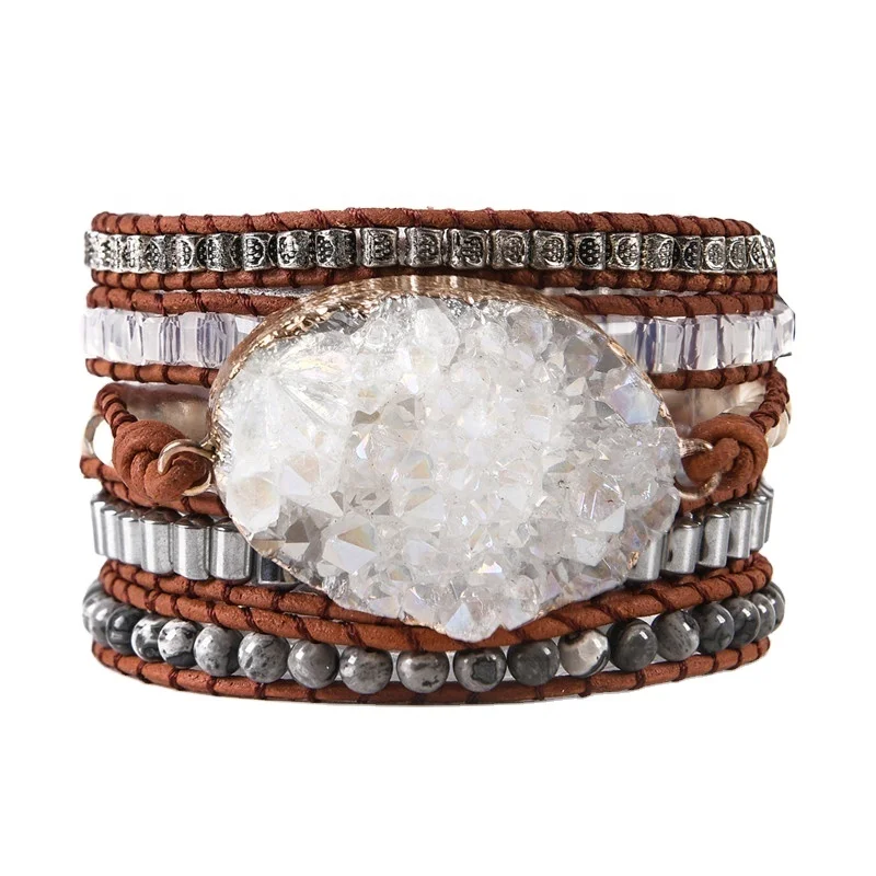 

CRYSTAL QUARTZ BRACELETS Leather Wrap Bracelet Map Natural Stones Hematite Bracelet Handmade Boho Jewelry