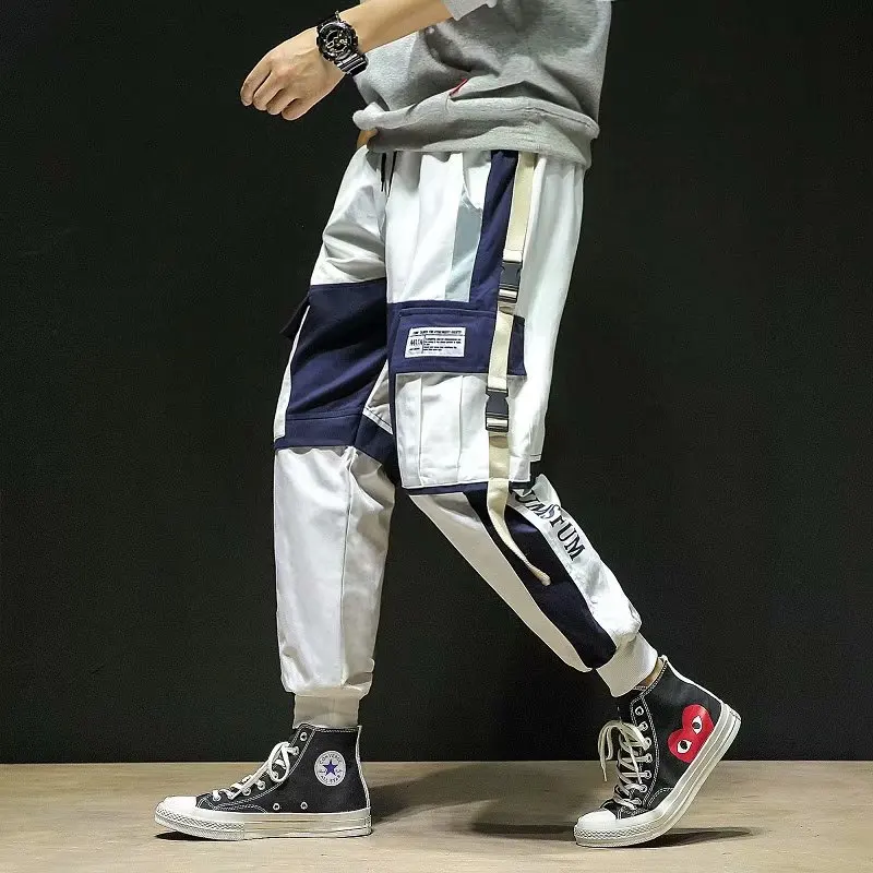 

Mens cargo pants streetwear joggers color block cargo joggers pants with side pockets