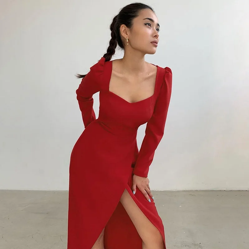 

Wholesale Autumn Fashion New Sexy High Slit Party Dress Women Elegant Vintage Puff Long Sleeve Red Midi Evening Dress, Black/red