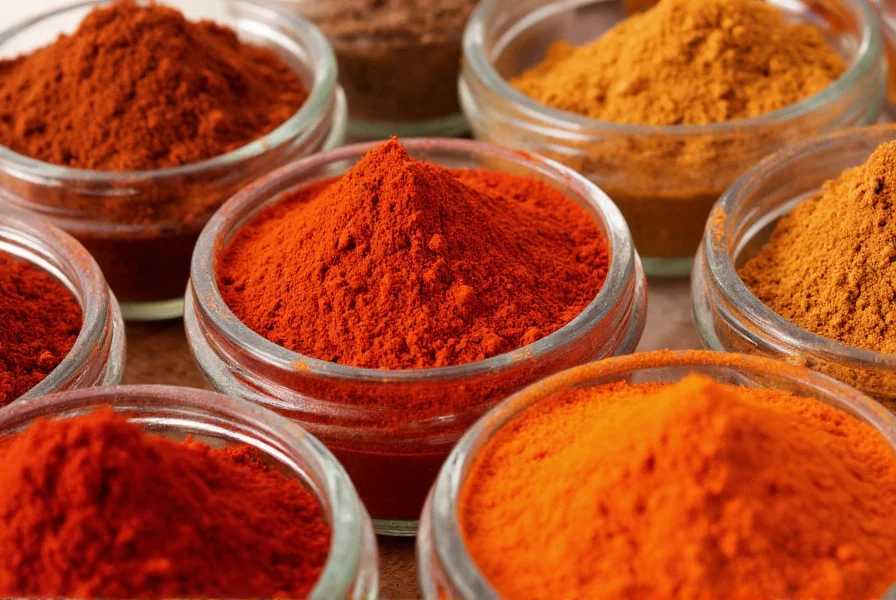 Close-up comparison of different chili powders in glass jars showing color variations from deep red ancho to bright orange cayenne